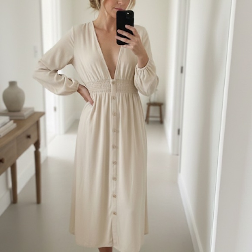 ASOS Cream Button-Front Midi Dress